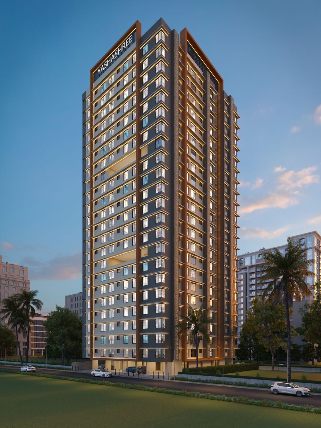 Dusk render of the tower from the back corner