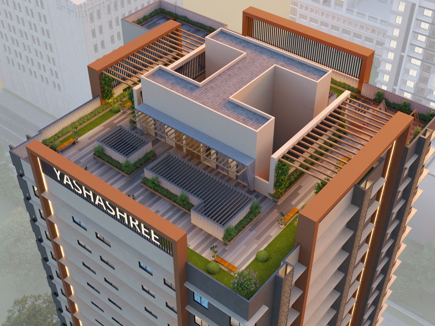 Aerial render of the rooftop terrace